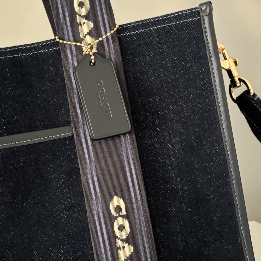 Coach Navy Blue Canvas Tote with Striped Handles - Picture 14 of 16